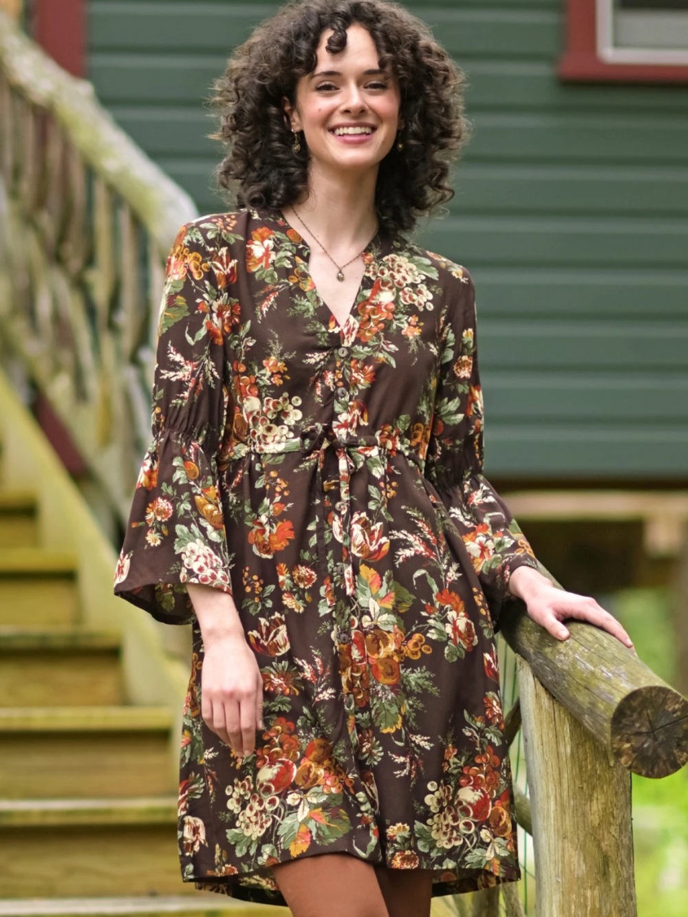 April Cornell XL Bountiful Harvest Short Dress Floral Romantic Rayon Brown V